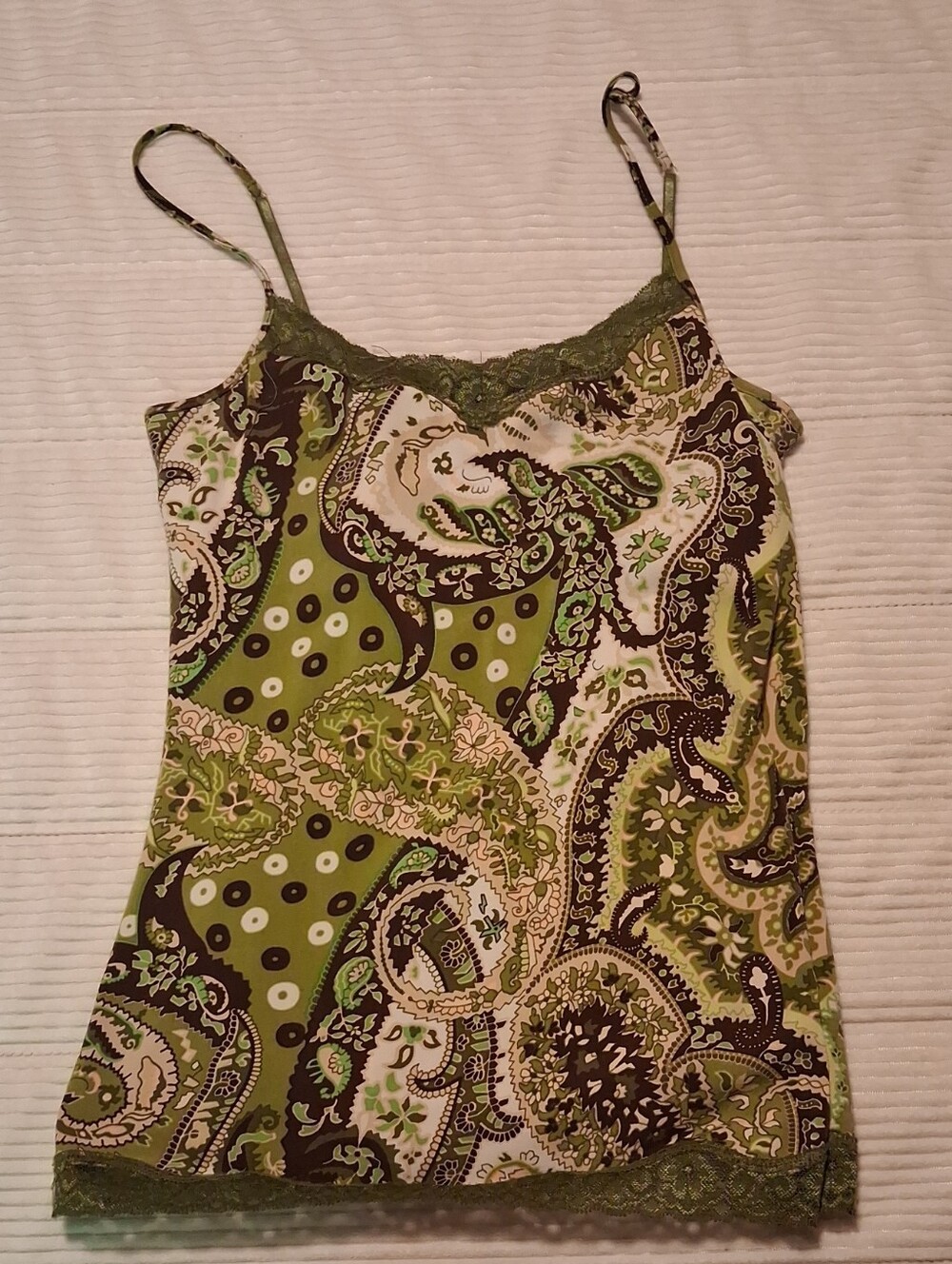 Eyeshadow Olive Green Paisley Lace-Trim Spaghetti Strap Cami